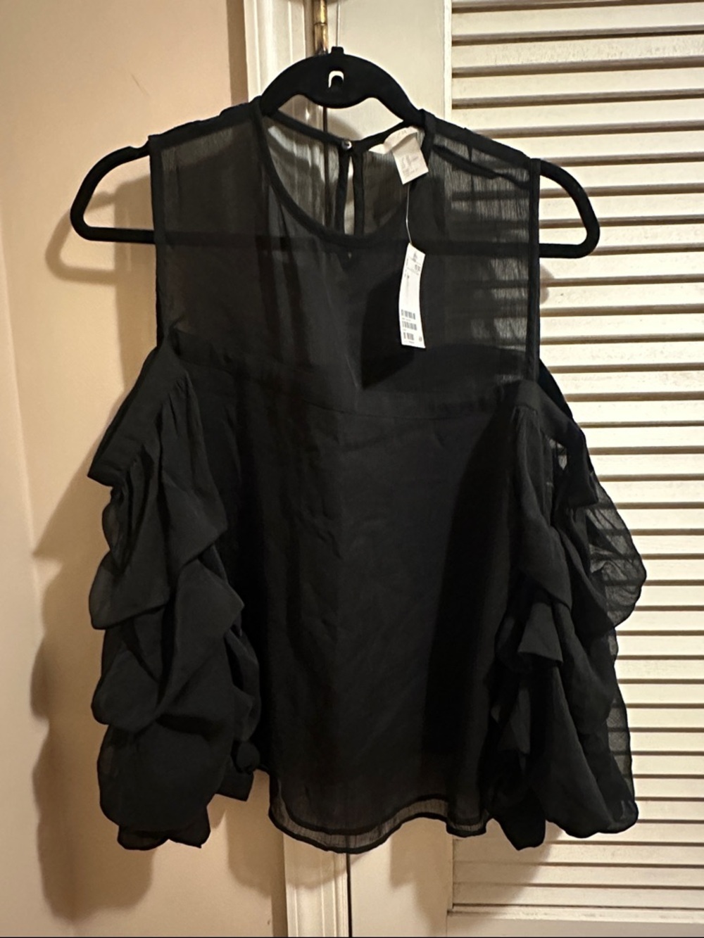 H&M Black Ruffle Cold-Shoulder Sheer Blouse